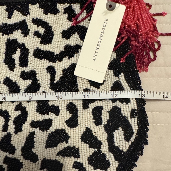Anthropologie Black & White Beaded Leopard Clutch with Pink Tassel - Picture 12 of 13
